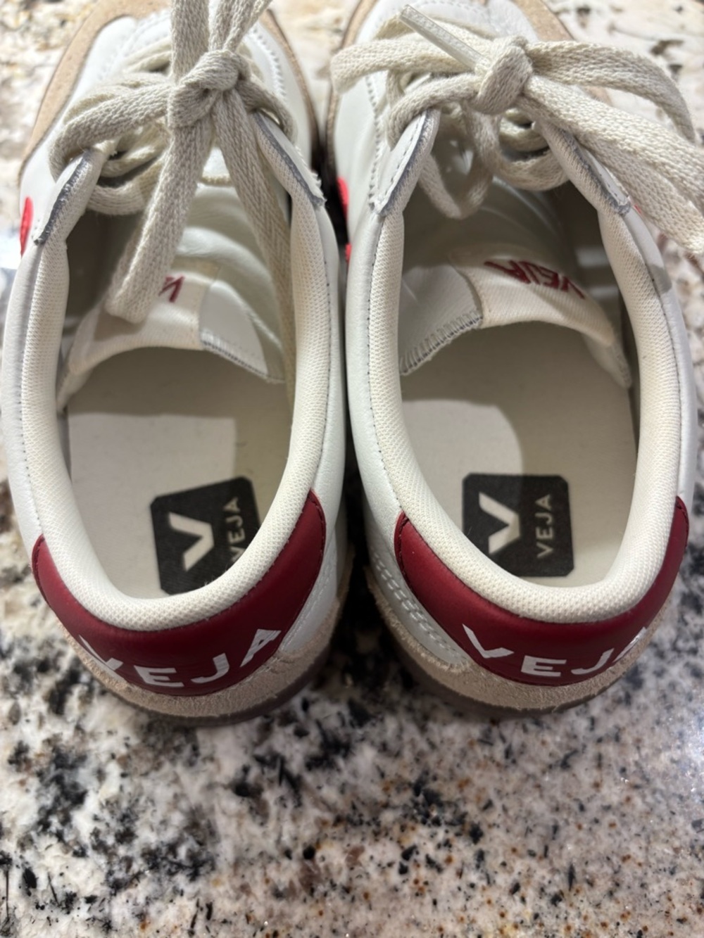 Veja Low-Top Leather Sneakers in White with V and Red Heel Tab Beige Suede - Picture 2 of 10